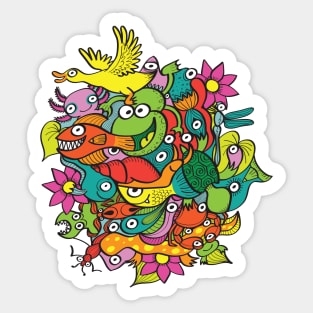 A funny crowd of colorful creatures living in a pond Sticker